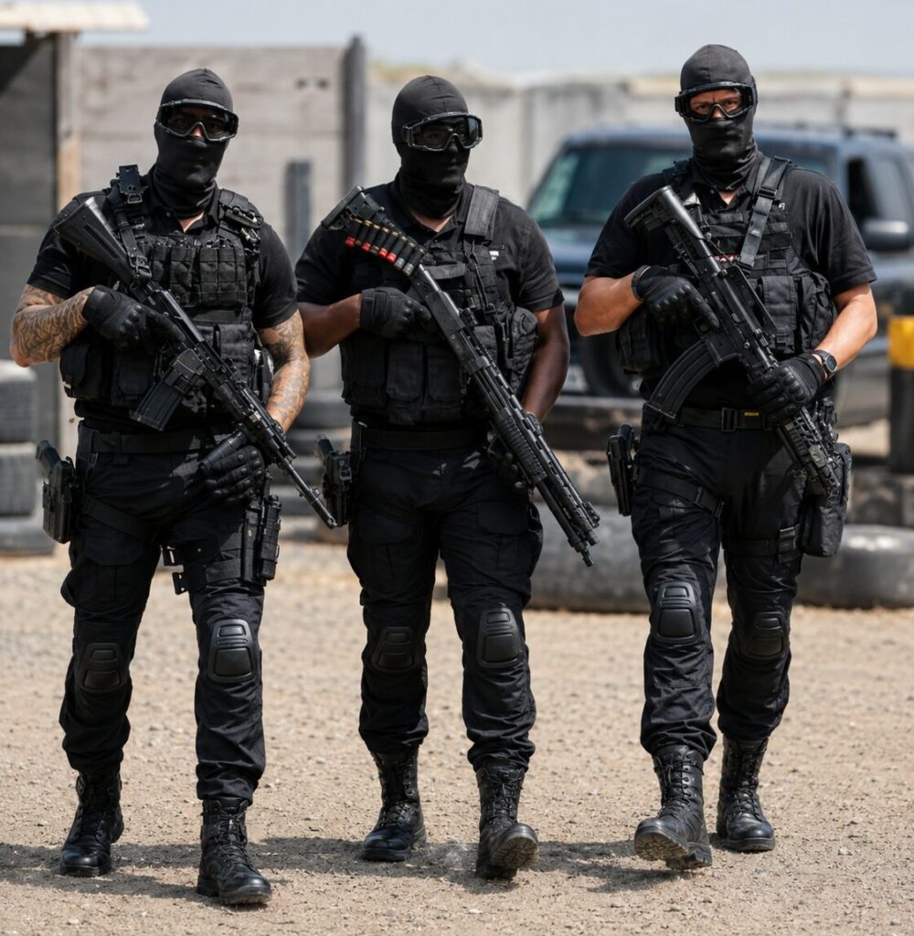 Tactical security officers walking through industrial yard